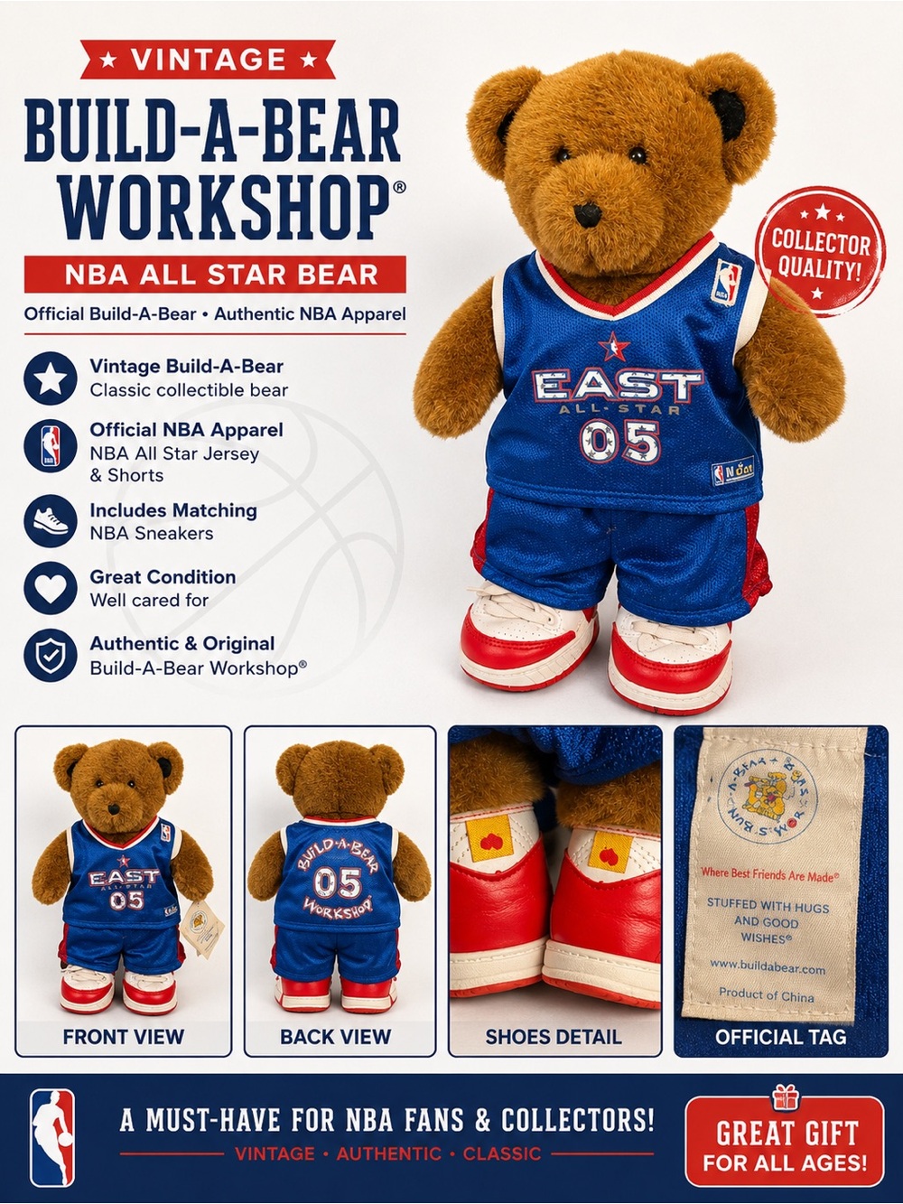NBA Build-A-Bear Brown Plush with Blue Jersey and Red Trim authentic NBA Attire